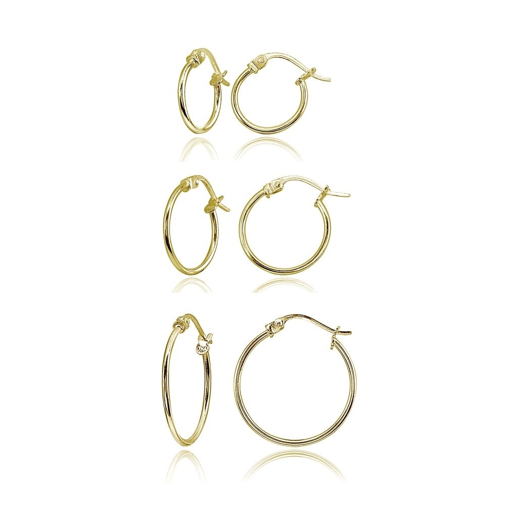 3 Pr Set Gold Flash Silver 1mm Round Thin Unisex Hoop Earrings, 12mm, 15mm, 20mm SG15858