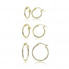 3 Pr Set Gold Flash Silver 1mm Round Thin Unisex Hoop Earrings, 12mm, 15mm, 20mm SG15858