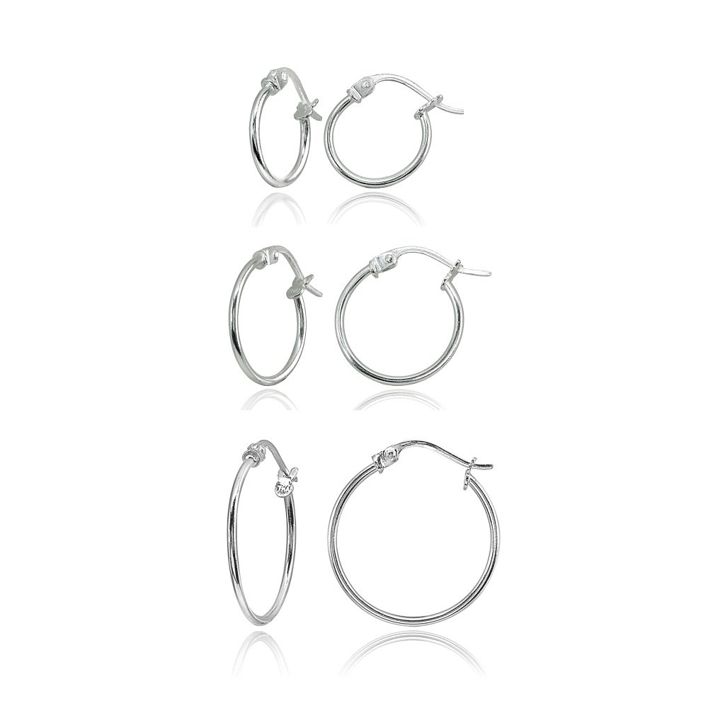 3 Pr Set Silver 1mm Polished Round Thin Unisex Hoop Earrings, 12mm, 15mm, 20mm S15858