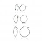 3 Pr Set Silver 1mm Polished Round Thin Unisex Hoop Earrings, 12mm, 15mm, 20mm S15858