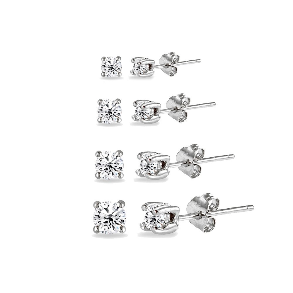 4 Pair Set Round Cubic Zirconia Stud Earrings in 925 Silver, 2mm 3mm 4mm 5mm S15686
