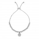Adjustable Bead Bracelet with Round Charm and Cubic Zirconias in Sterling Silver