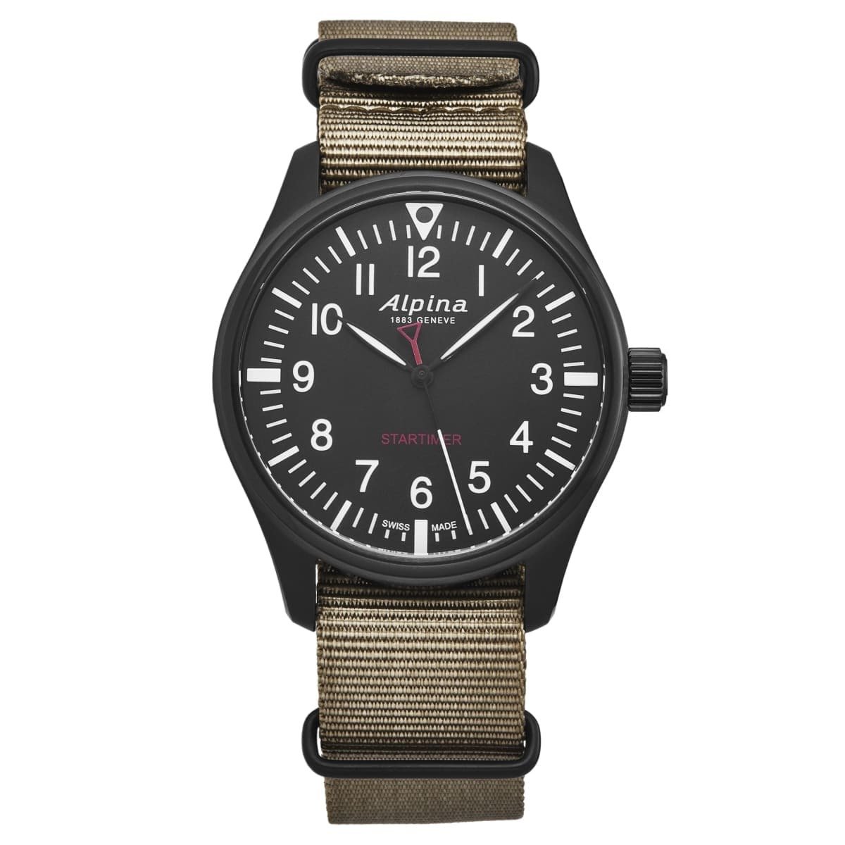 Alpina Mens 'Startimer Pilot' Black Dial Brown Canvas Strap Quartz Watch AL-235B4FBS6 Default Title