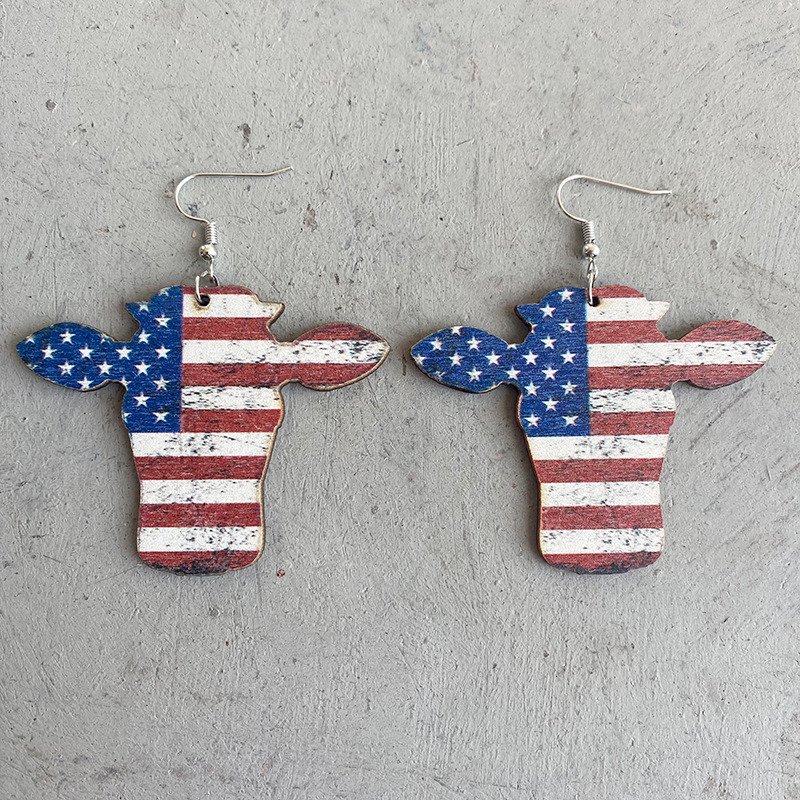 American Flag Bull Head Western Cowboy Wood Earrings 2