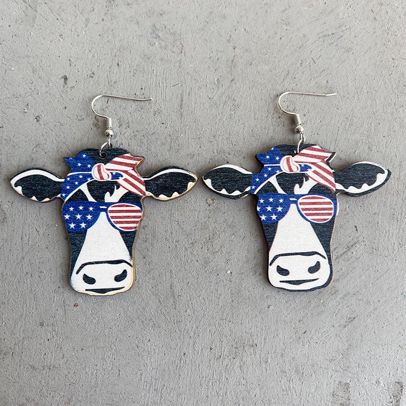 American Flag Bull Head Western Cowboy Wood Earrings 3