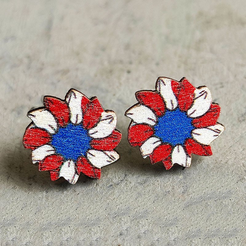American Flag Round Heart Pentagram Sun Flower Wood Stud Earrings 2