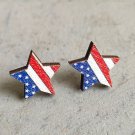 American Flag Round Heart Pentagram Sun Flower Wood Stud Earrings 3