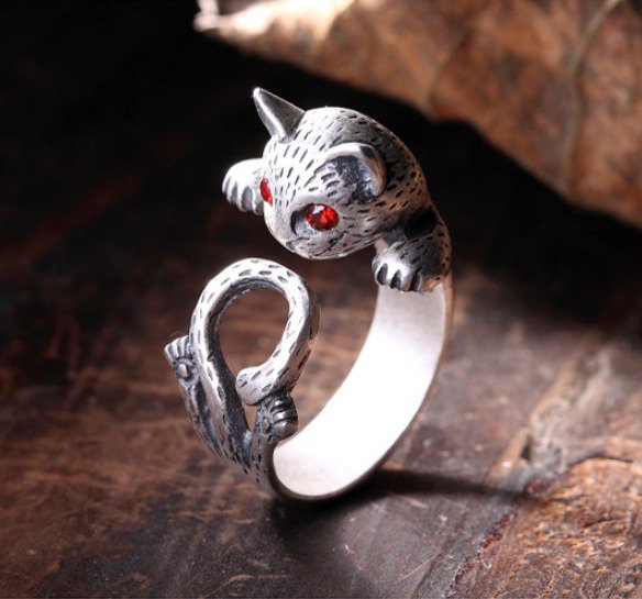 Antique Silver Distressed Lucky Cat Open Ring Women's Accessories silver