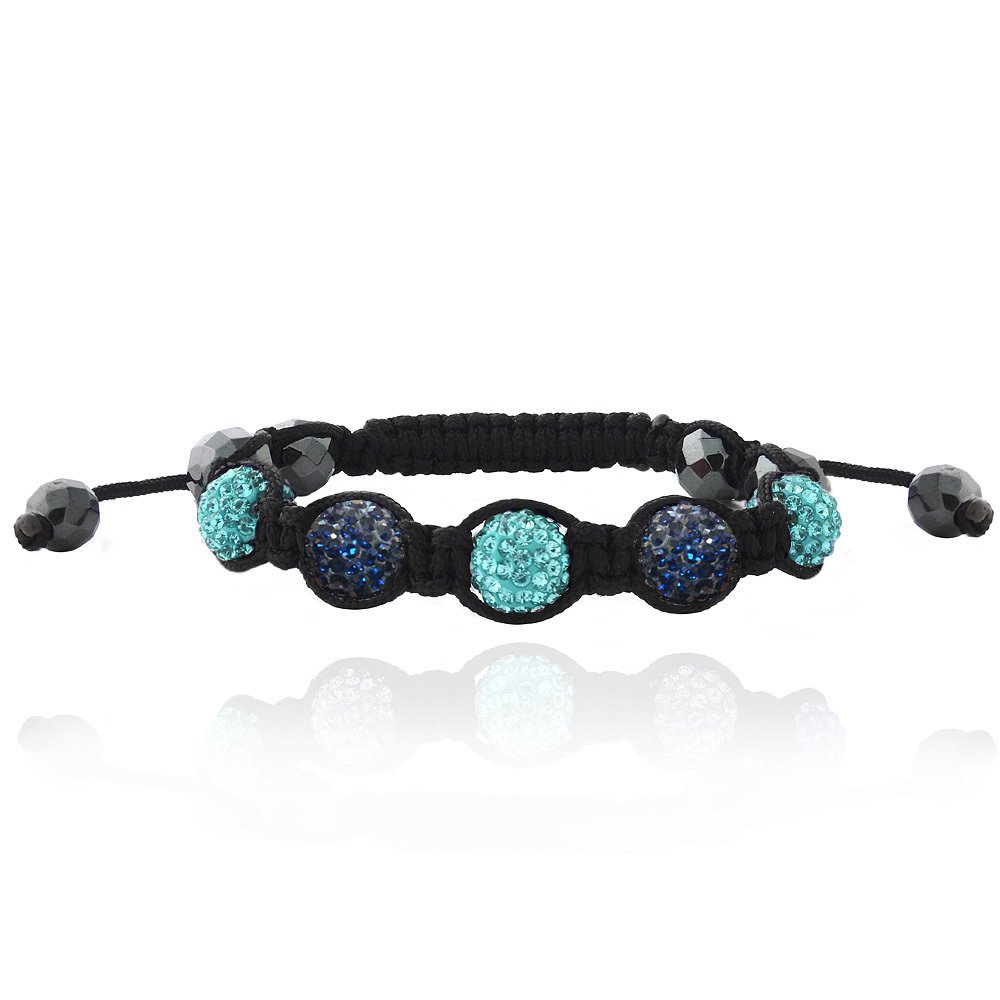 Aqua & Blue Crystal Fireball & Hematite 10mm Adustable Shamballa Bracelet B13017M3