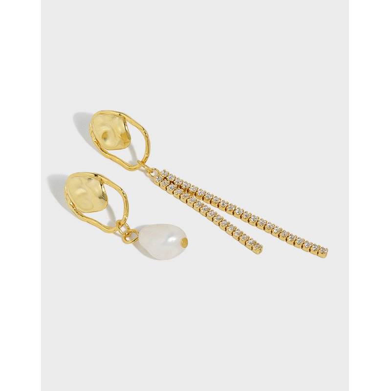 Asymmetry Shell Pearl CZ Tassels 925 Sterling Silver Dangling Earrings Yellow Gold