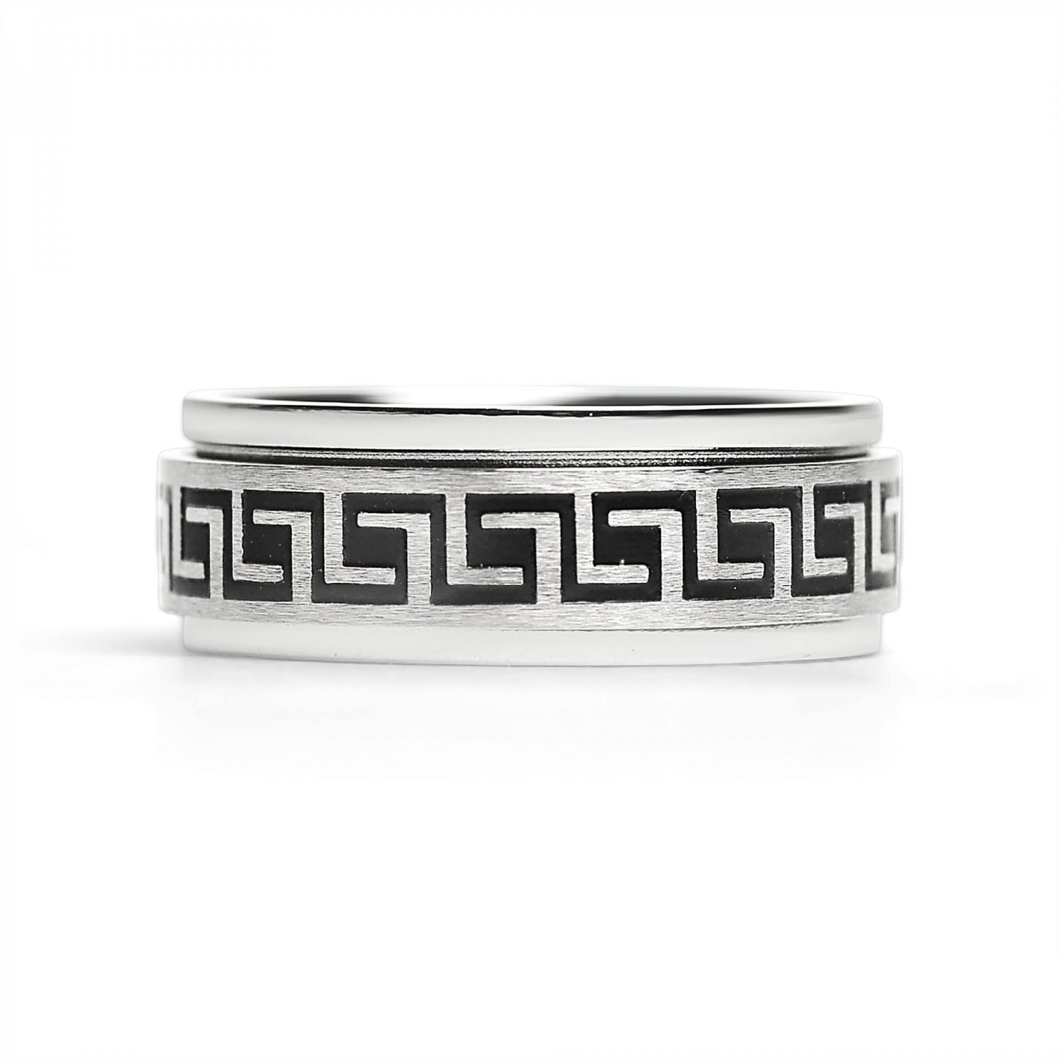 Black Greek Key Spinner Center Polished Stainless Steel Ring - SRJ2056 7mm