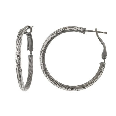 Black Rhodium Overlay Sterling Silver 30mm Diamond Cut Hoop Earrings HB11953
