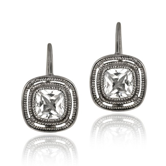 Black Rhodium Overlay Sterling Silver CZ Square Leverback Earrings EB12003