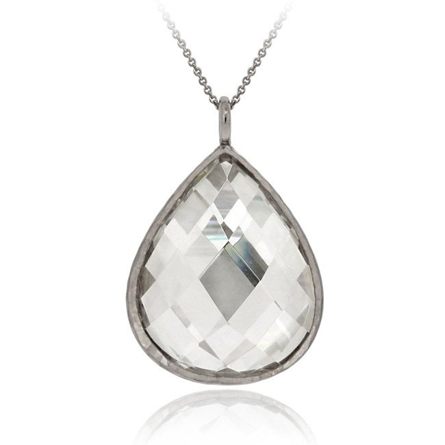 Black Rhodium Overlay Sterling Silver CZ Teardrop Brushed Necklace PB12491