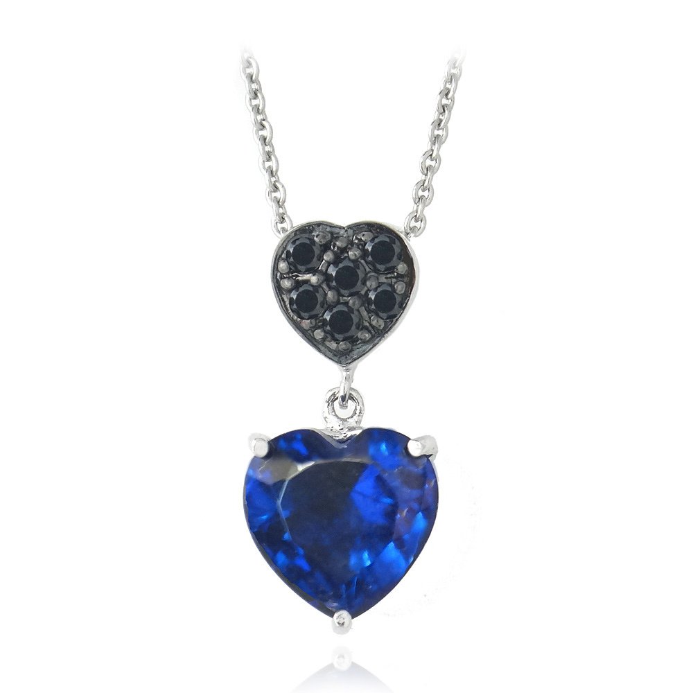 Blue & Black CZ Double Heart Dangle Necklace PBR13084MZ2