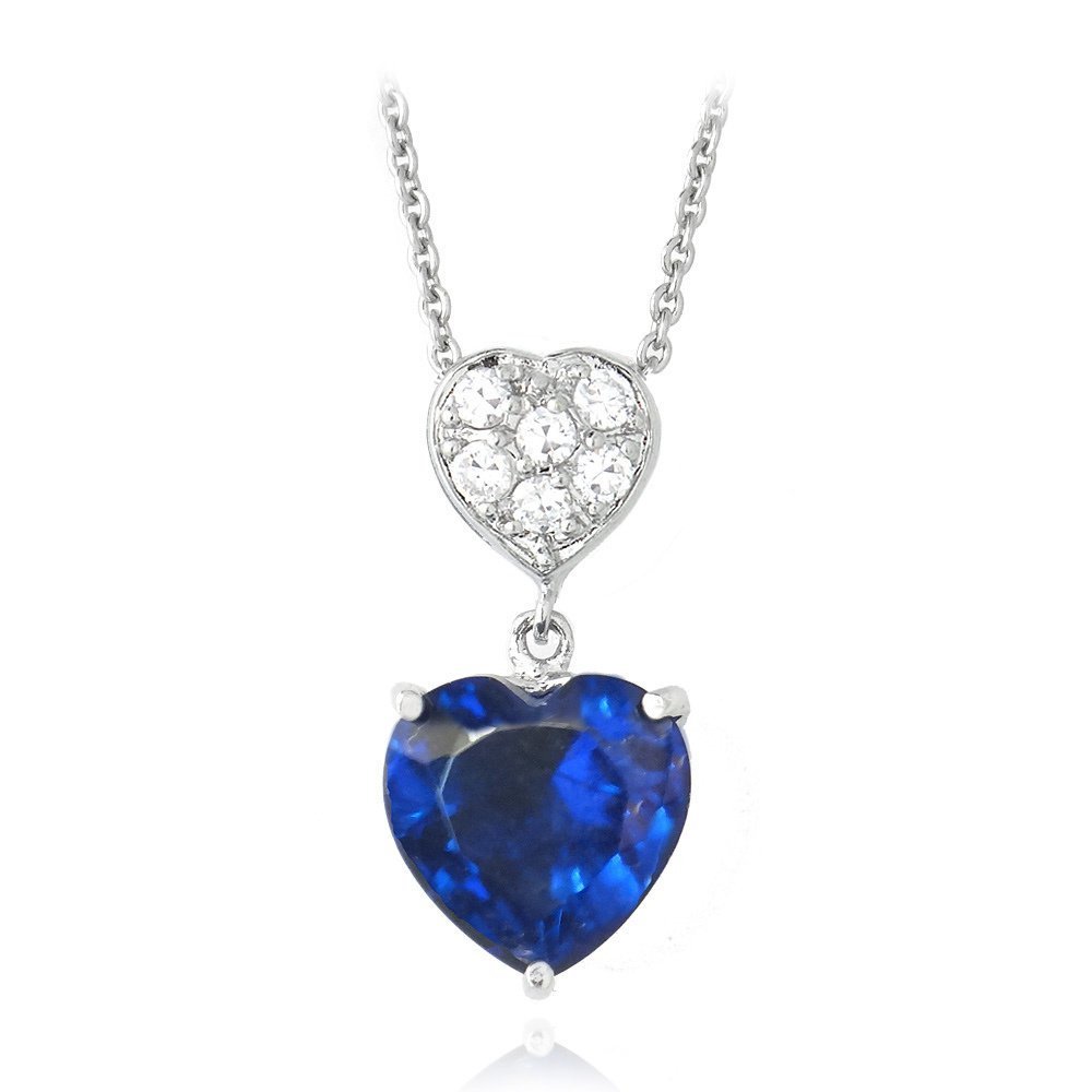 Blue & White CZ Double Heart Dangle Necklace PBR13084BL