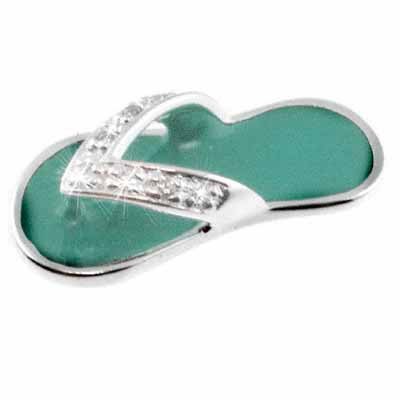Celebrity Sterling Silver Simulated Diamond CZ and Turquoise Enamel Flip Flop Sandal Pendant P4286TQ
