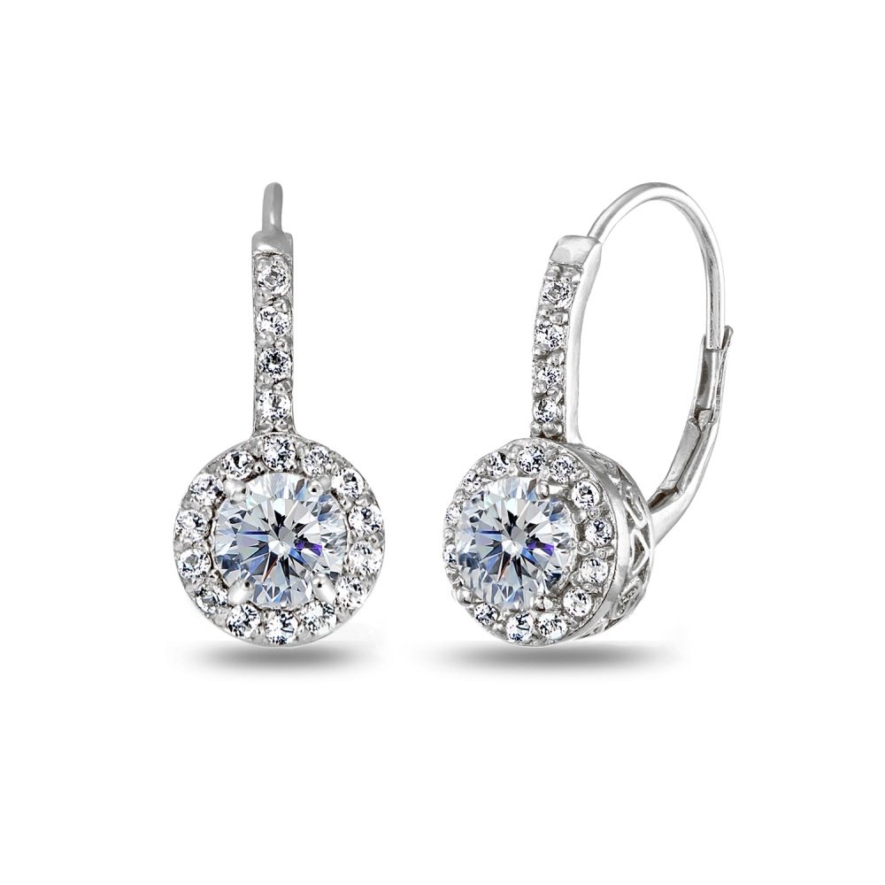 Clear Halo Leverback Earrings made with Swarovski Crystals in Sterling Silver E15601CR