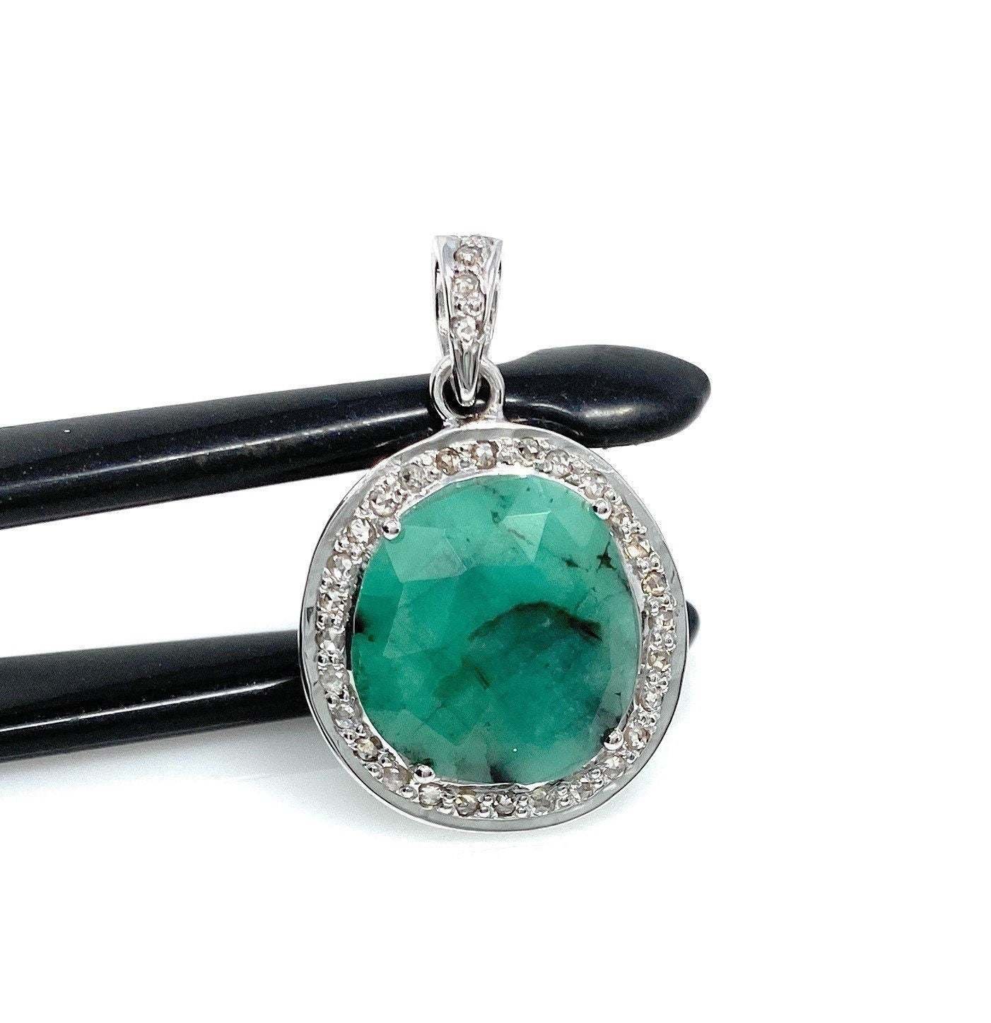 Emerald Diamond Pendant; NMay Birthstone Pendant Pave Diamond Pendant 1.15' x 0.75' Default Title
