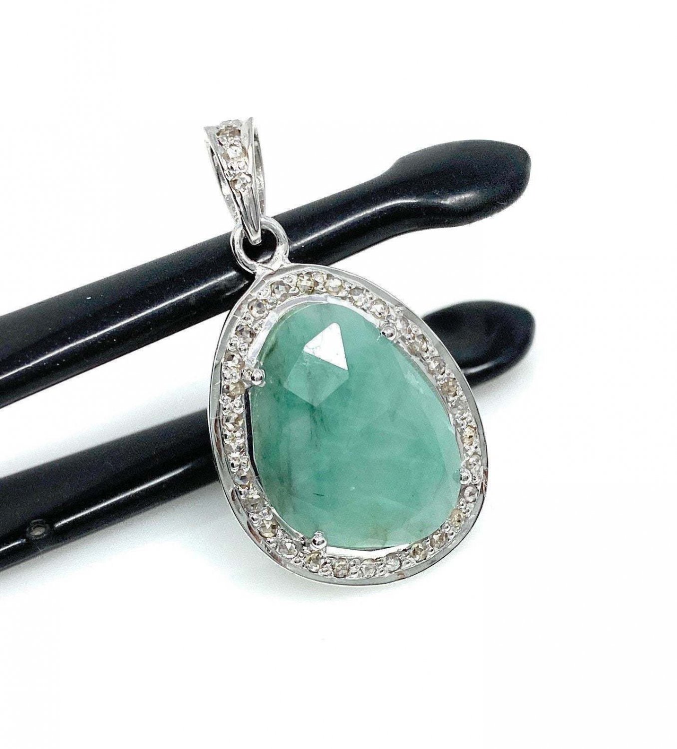 Emerald Diamond Pendant; NMay Birthstone Pendant Pave Diamond Pendant 1.20' x 0.70' Default Title