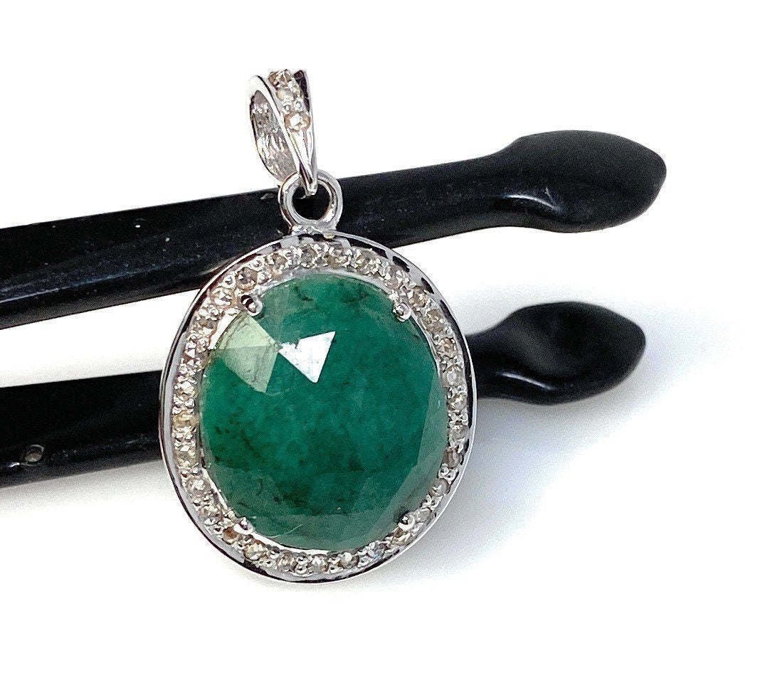 Emerald Diamond Pendant; NMay Birthstone Pendant Pave Diamond Pendant 1.20' x 0.75' Default Title