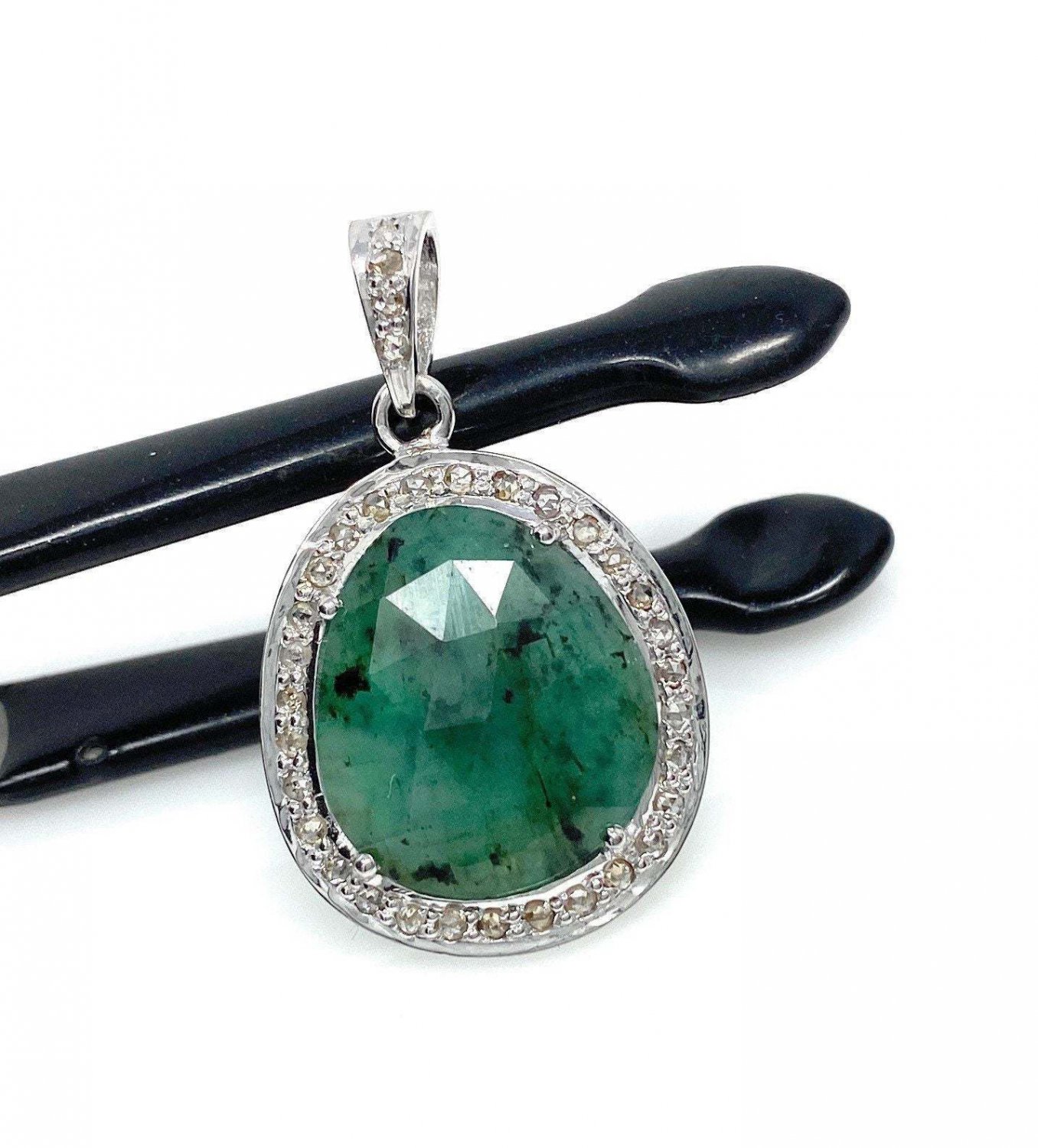 Emerald Diamond Pendant; NMay Birthstone Pendant Pave Diamond Pendant 1.25' x 0.75' Default Title