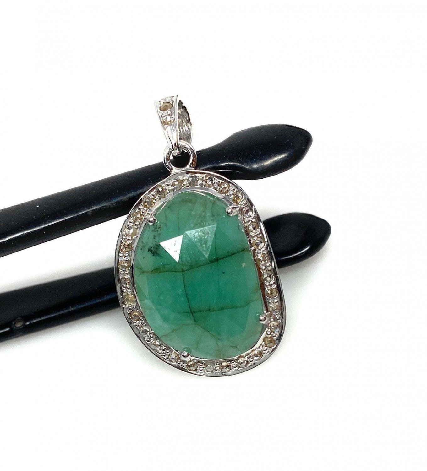 Emerald Diamond Pendant; NMay Birthstone Pendant Pave Diamond Pendant 1.30' x 0.75' Default Title