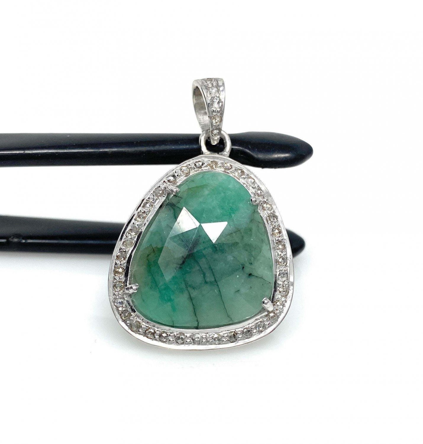 Emerald Diamond Pendant; NMay Birthstone Pendant Pave Diamond Pendant 1.35' x 0.85' Default Title