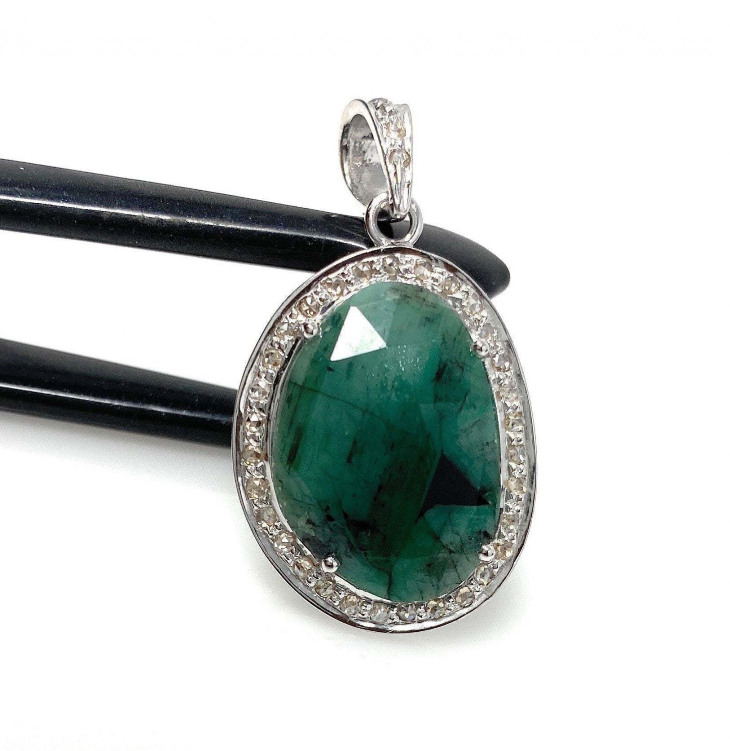 Emerald Diamond Pendant; NMay Birthstone Pendant Pave Diamond Pendant 1.40' x 0.75' Default Title