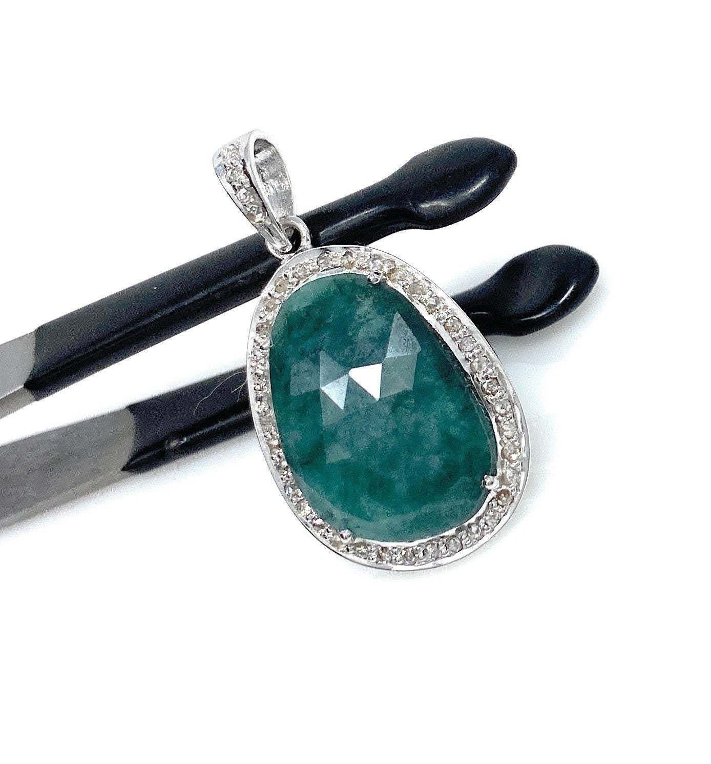 Emerald Diamond Pendant; NMay Birthstone Pendant Pave Diamond Pendant 1.40' x 0.75' Default Title