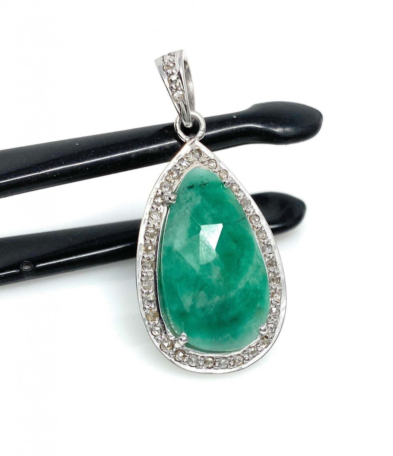 Emerald Diamond Pendant; NMay Birthstone Pendant Pave Diamond Pendant 1.45' x 0.70' Default Title