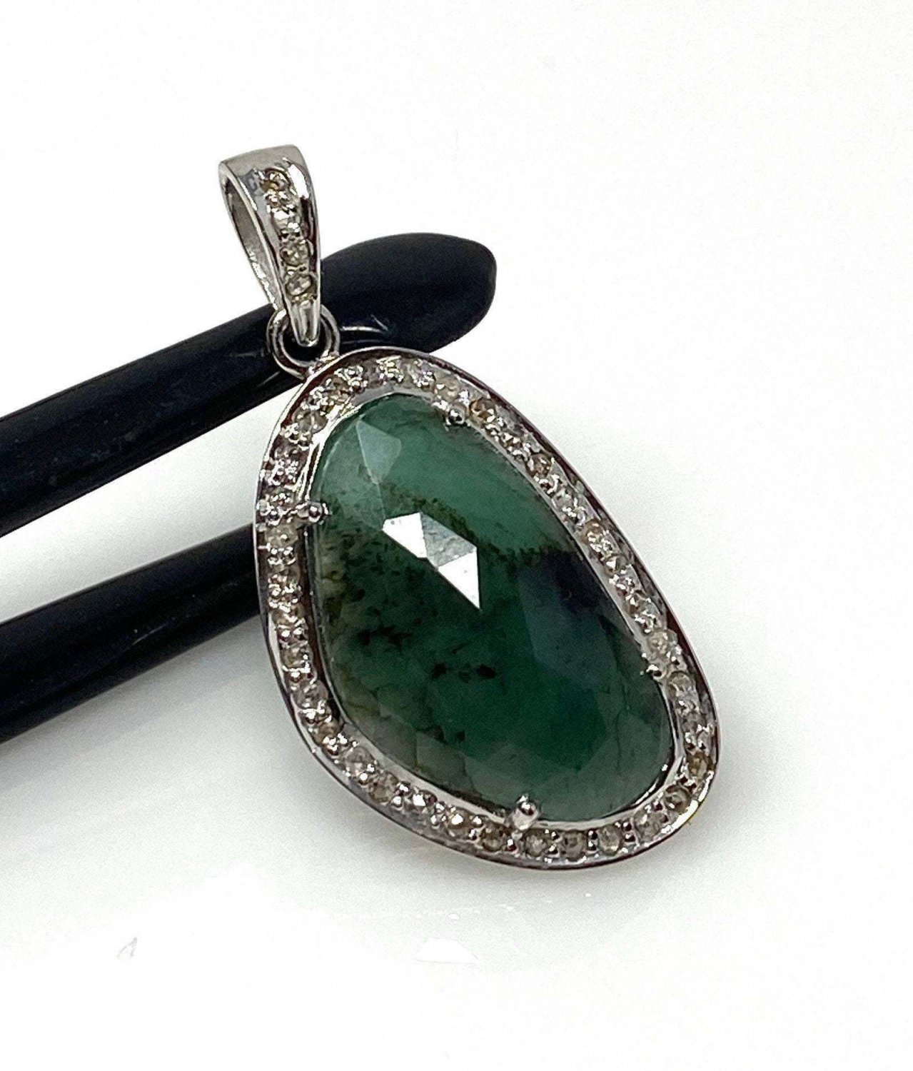 Emerald Diamond Pendant; NMay Birthstone Pendant Pave Diamond Pendant 1.45' x 0.75' Default Title