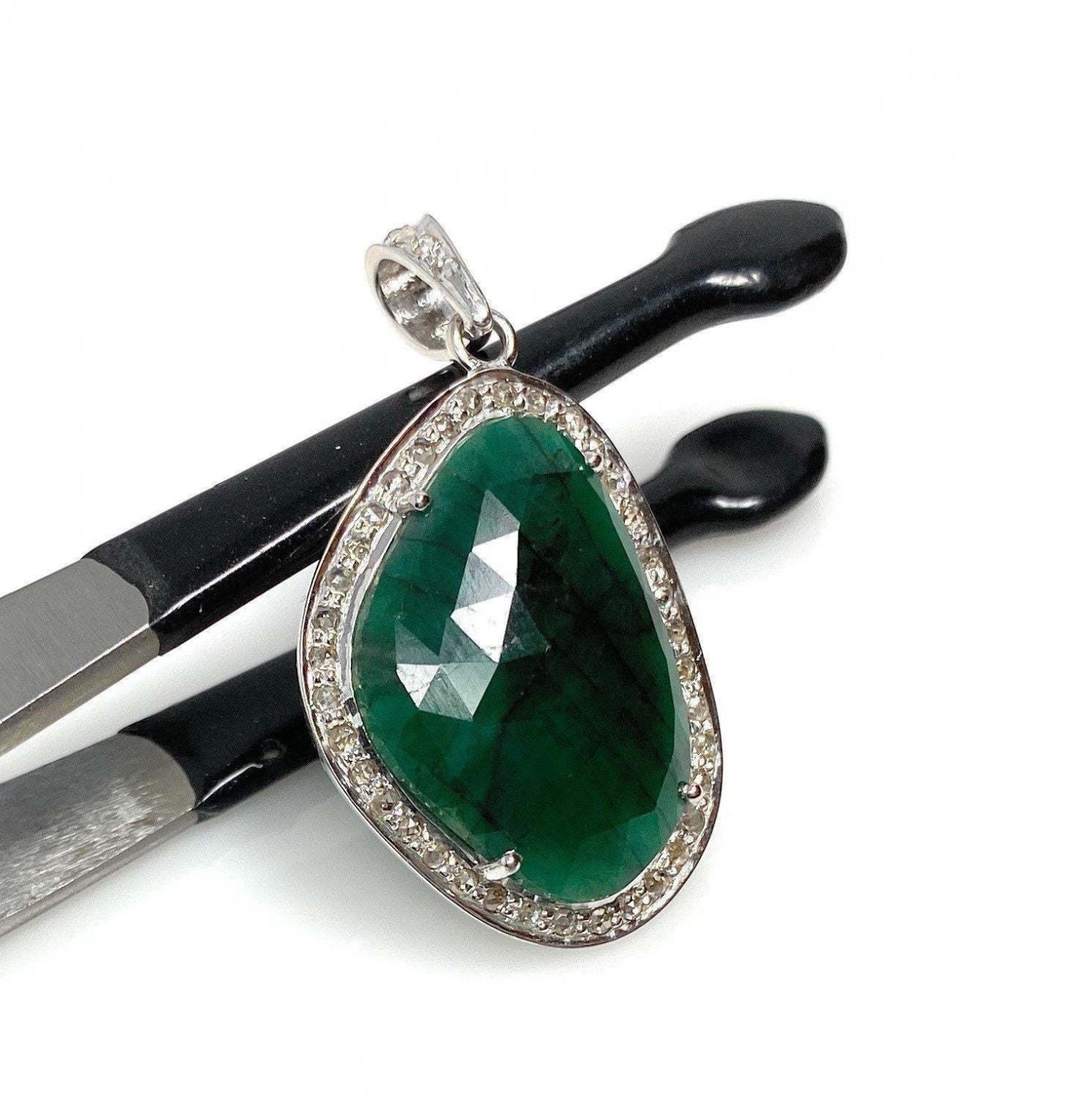 Emerald Diamond Pendant; NMay Birthstone Pendant Pave Diamond Pendant 1.50' x 0.80' Default Title