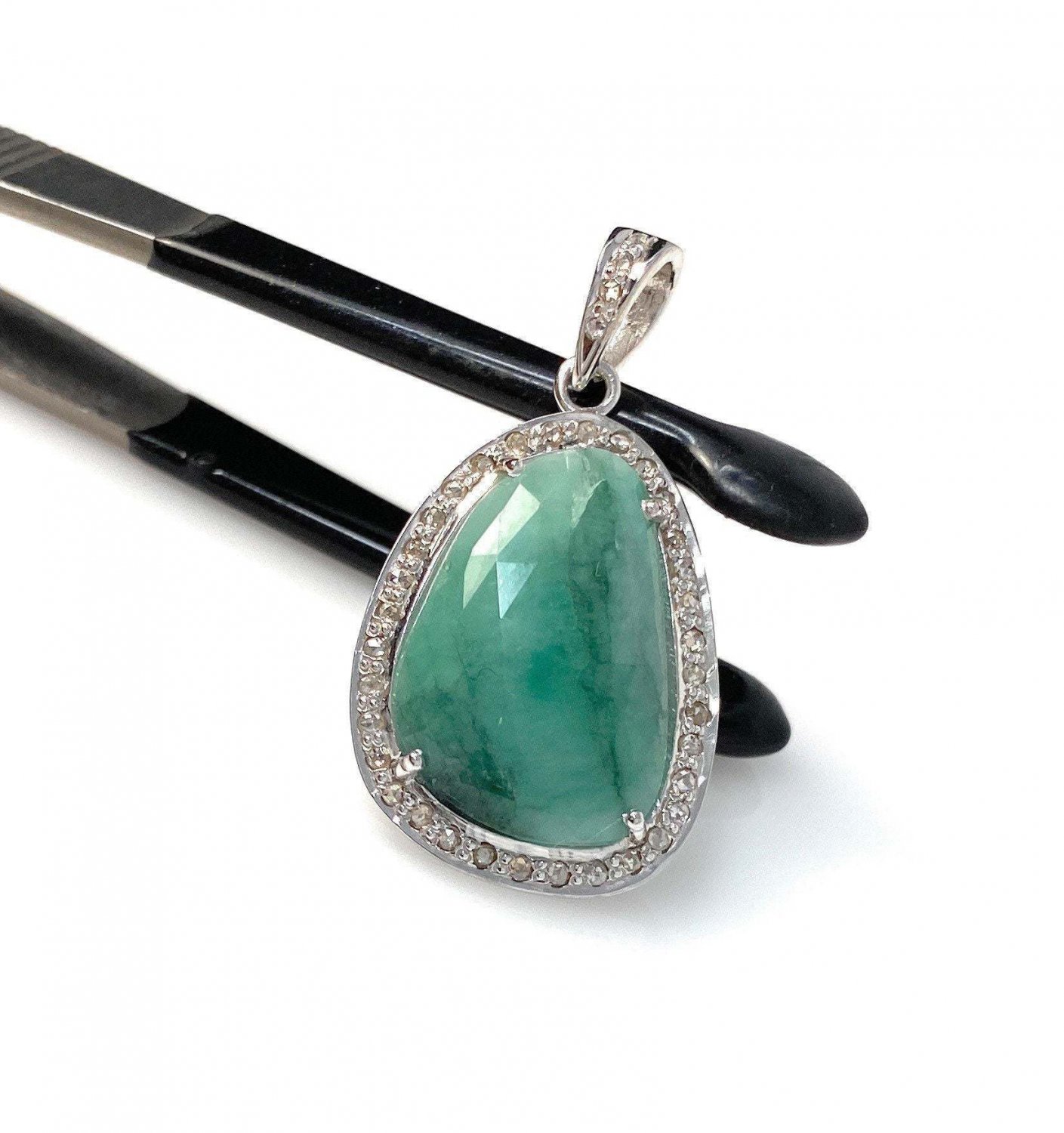 Emerald Diamond Pendant; NMay Birthstone Pendant Pave Diamond Pendant 1.75' x 0.80' Default Title