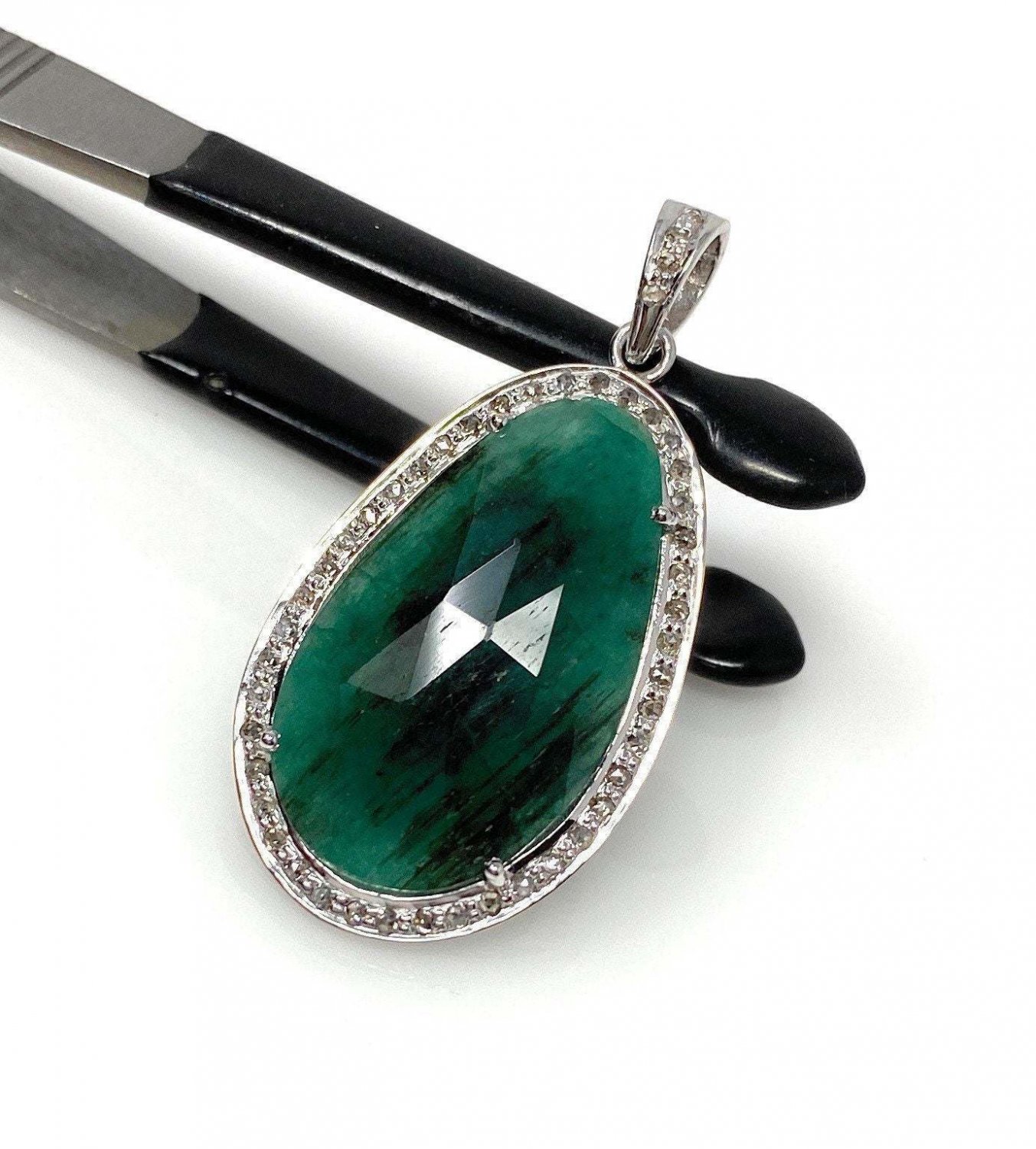 Emerald Diamond Pendant; NMay Birthstone Pendant Pave Diamond Pendant 1.75' x 0.90' Default Title