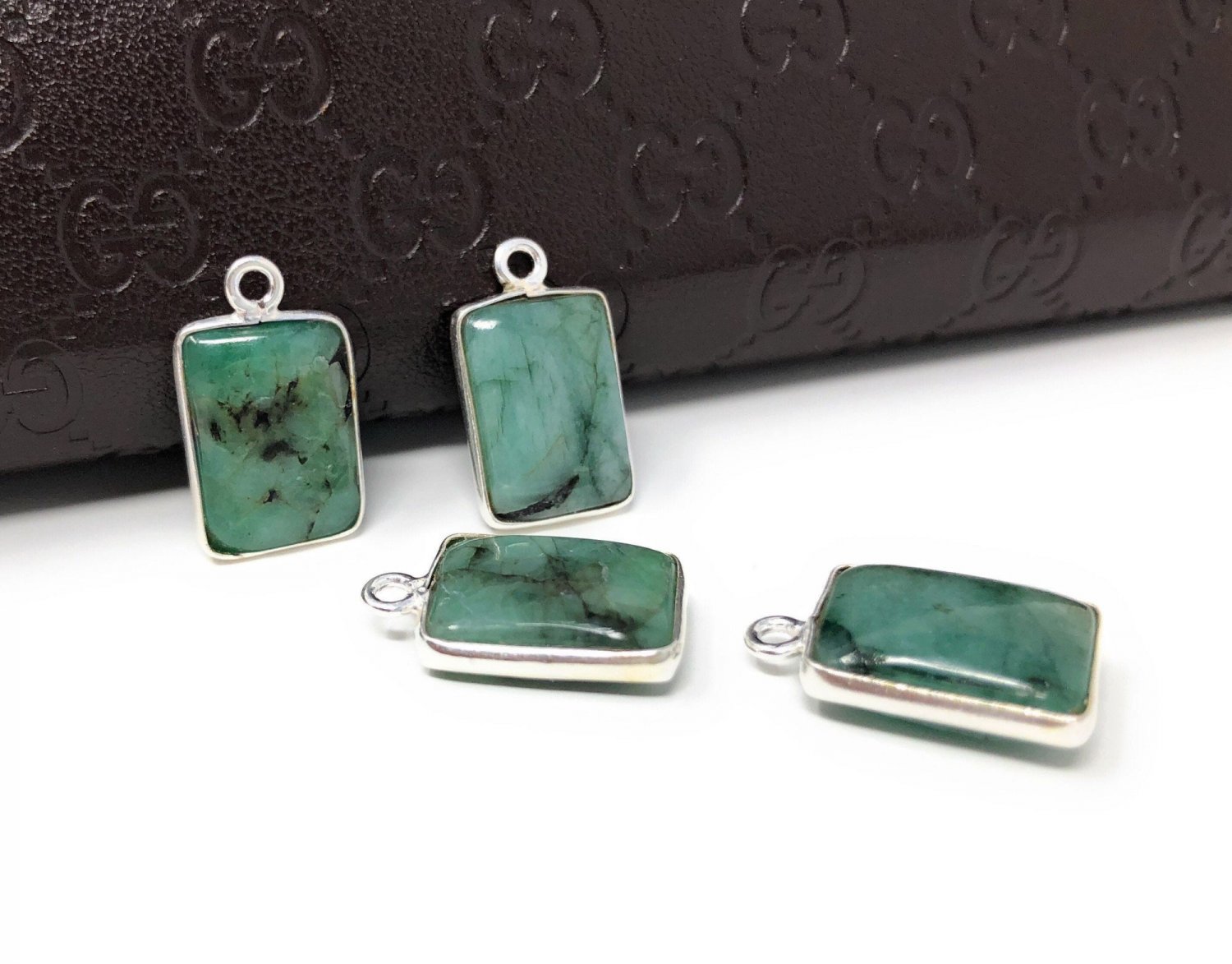 Emerald Gemstone Charms; Sterling Silver Charms; JewelrBracelet Charms 17X10mm 1 Pc Default Title