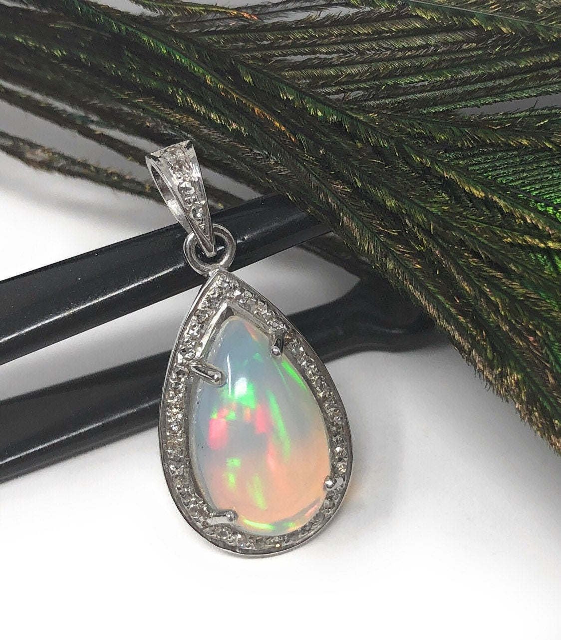 Ethiopian Opal PendaSterling Silver Opal Pendant Pave Diamond Jewelry Gifts for Her Default Title