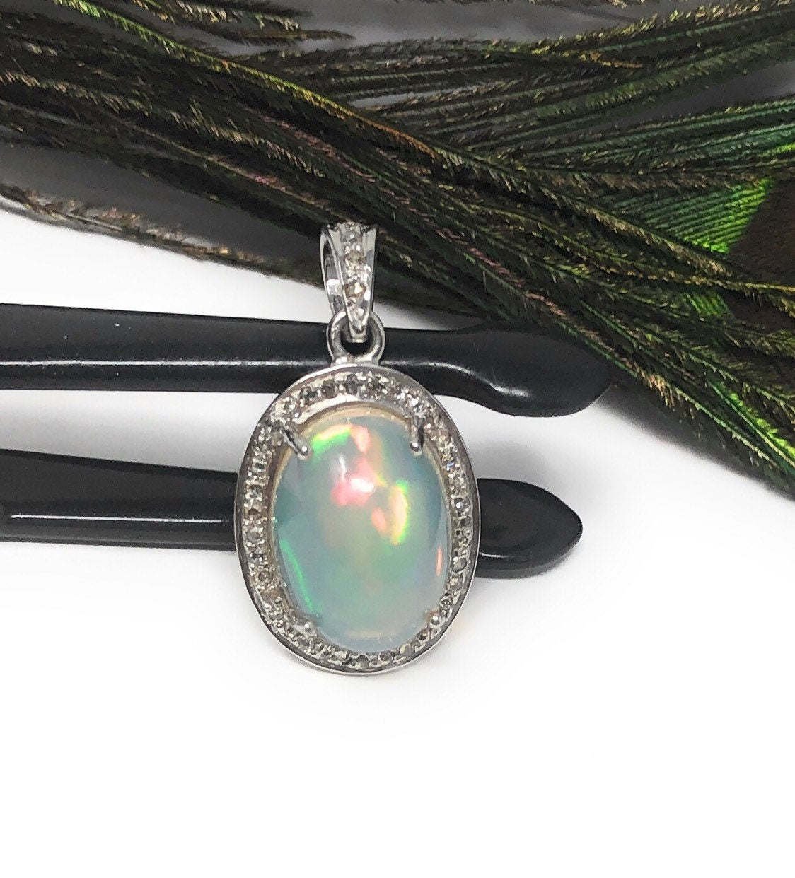 Ethiopian Opal PendaSterling Silver Opal Pendant Pave Diamond Jewelry Gifts for Her Default Title