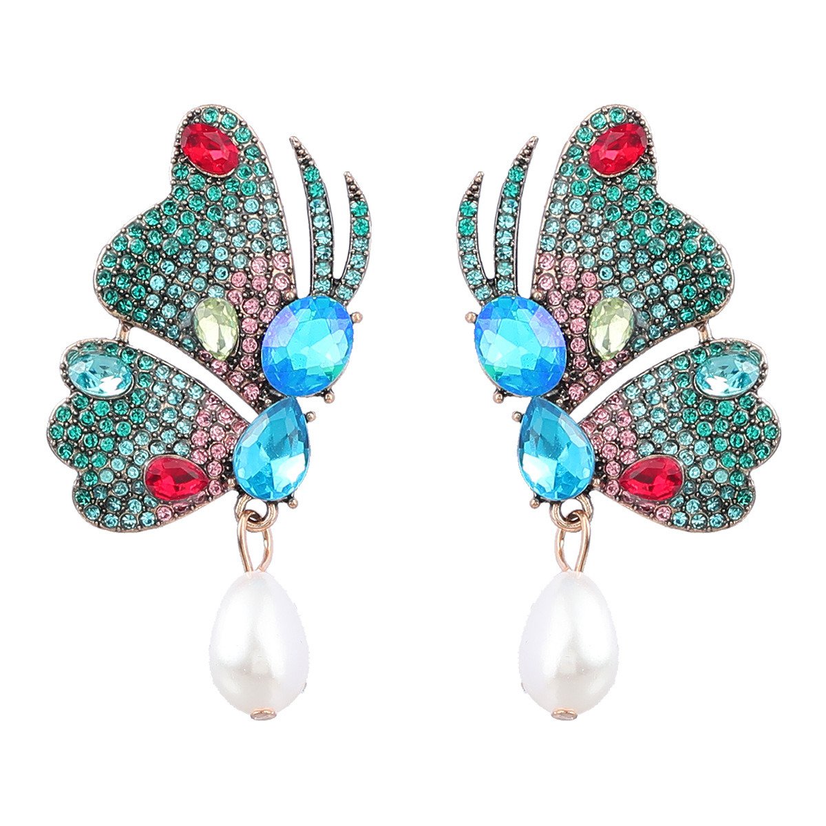 Fancy Alloy Butterfly Earrings with Diamond and Pearl Drop Earrings rose red