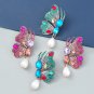 Fancy Alloy Butterfly Earrings with Diamond and Pearl Drop Earrings rose red