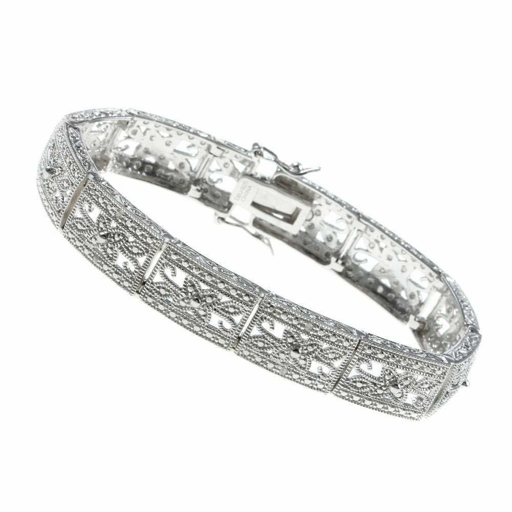 Finesque Sterling Silver 1-10ct TDW Diamond Filigree Flower Bracelet (I-J, I2-I3) Default Title