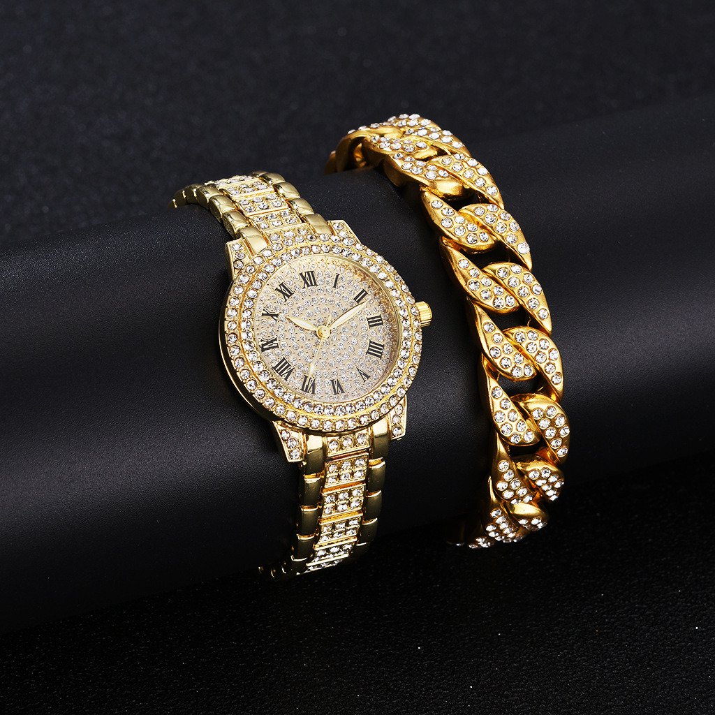 Full Diamond Roman Literal Steel Band Bracelet Set Rose Gold + Gold Bracelet