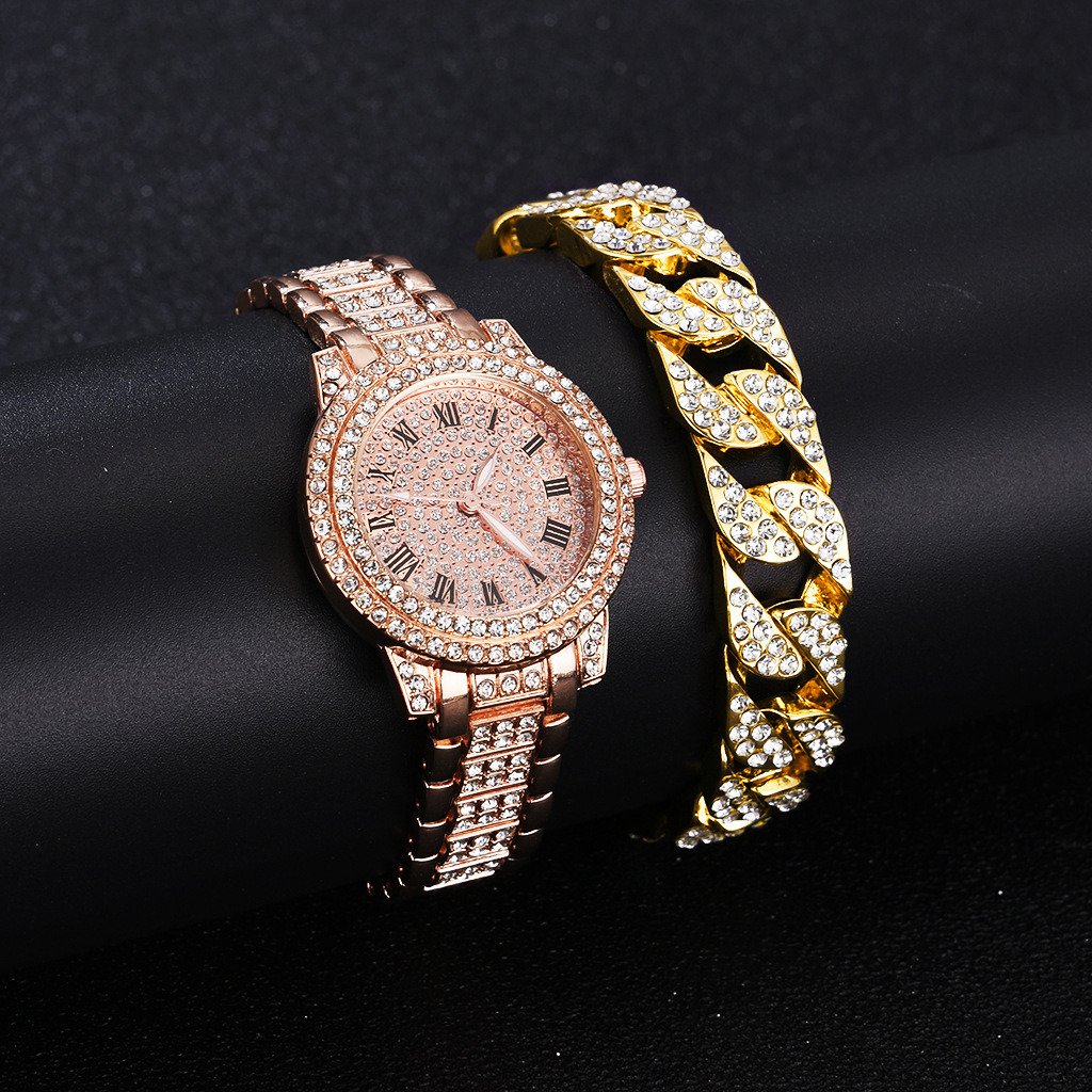 Full Diamond Roman Literal Steel Band Bracelet Set Silver + bracelet