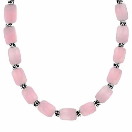 Genuine Rose Quartz Stone Silver Bali Bead Nugget Necklace N4523RQ