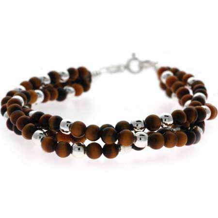 Genuine Tiger Eye Sterling Silver Beaded Three Strand Bracelet B8118TE
