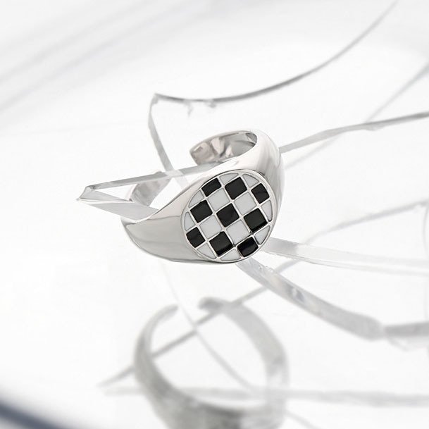Geometry Round White Black Chessboard 925 Sterling Silver Adjustable Ring Rhodium