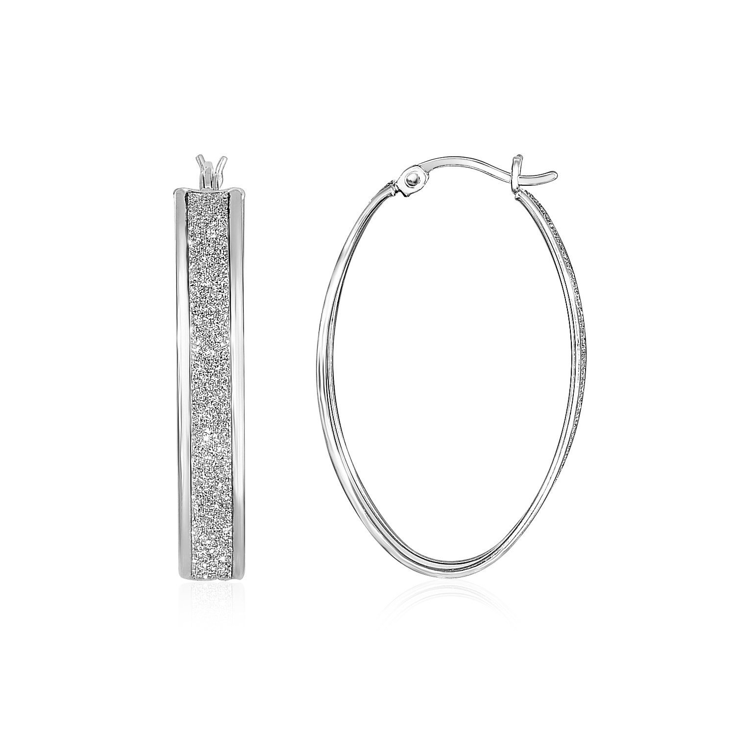 Glitter Textured Oval Hoop Earrings in Sterling Silver Sterling Silver