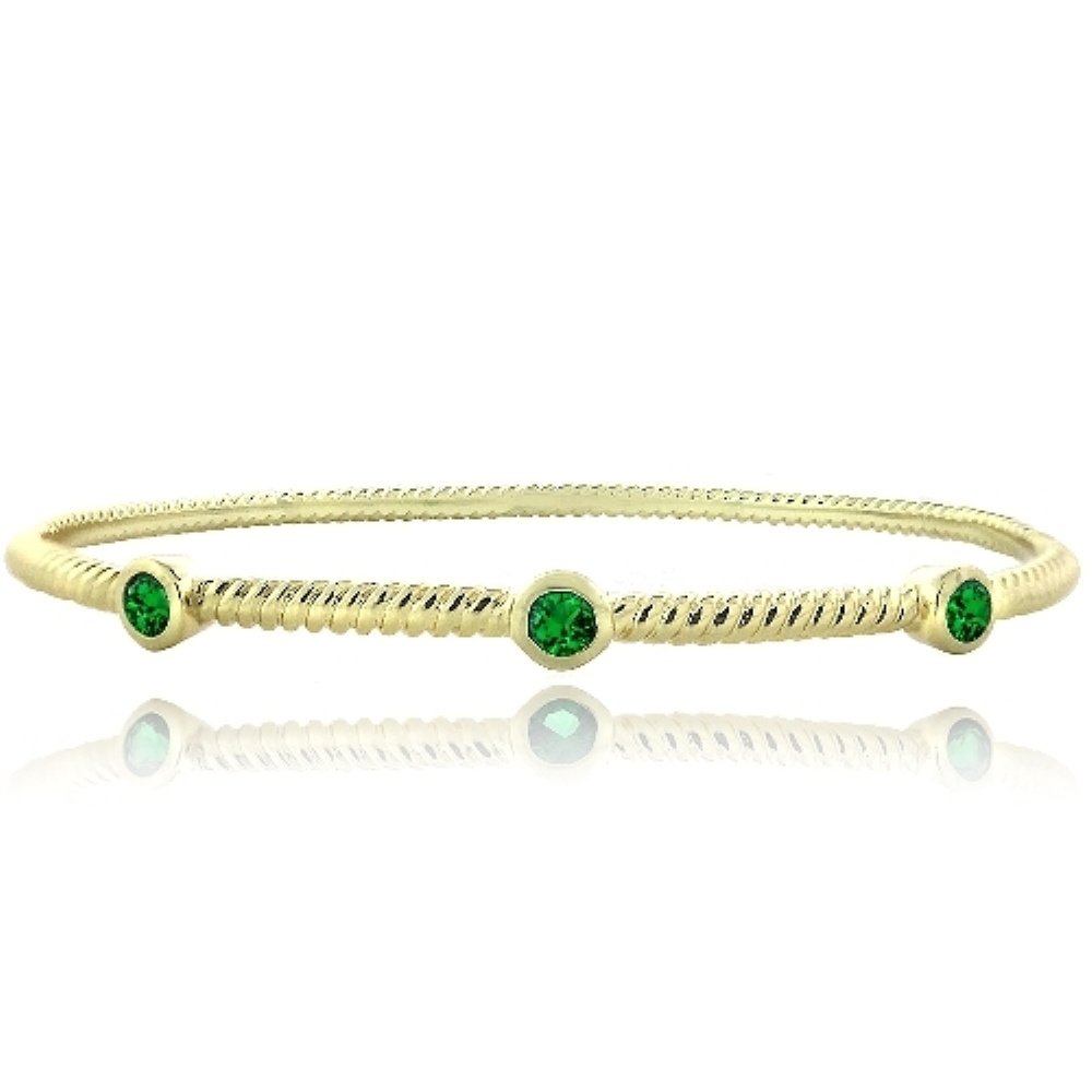 Gold Tone Created Green Quartz Round Corrugated Bangle BAGBR13683LGQ