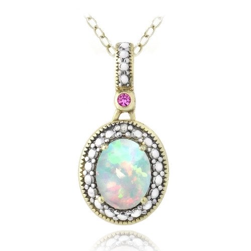 Gold Tone over Silver Diamond Accent Created White Opal & Pink Sapphire Oval Necklace PG13586SPCP