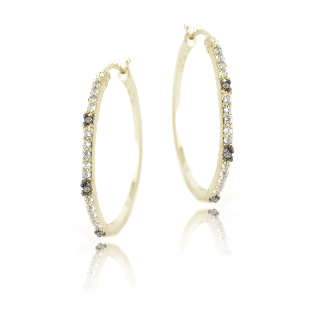 Gold Tone over Sterling Silver .06ct Champagne Diamond & White Topaz Hoop Earrings HG13780M6